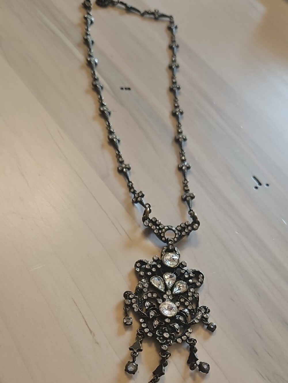 Sweet Romance Pin And Necklace Ornate Crystal Chandelier Necklace - Gunmetal